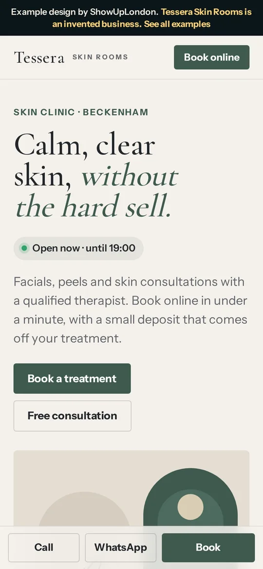 The Tessera Skin Rooms example site on a phone
